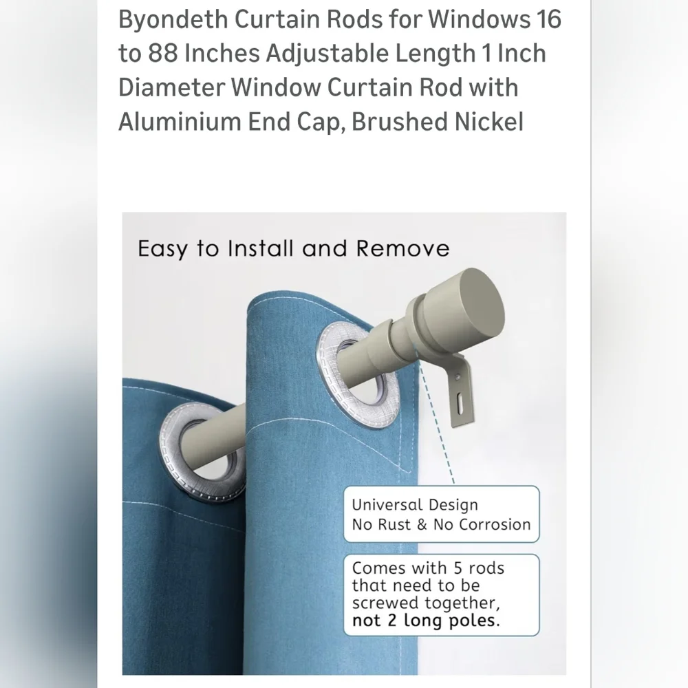 Adjustable Brushed Nickel Curtain Rod. Adjusts From 16
